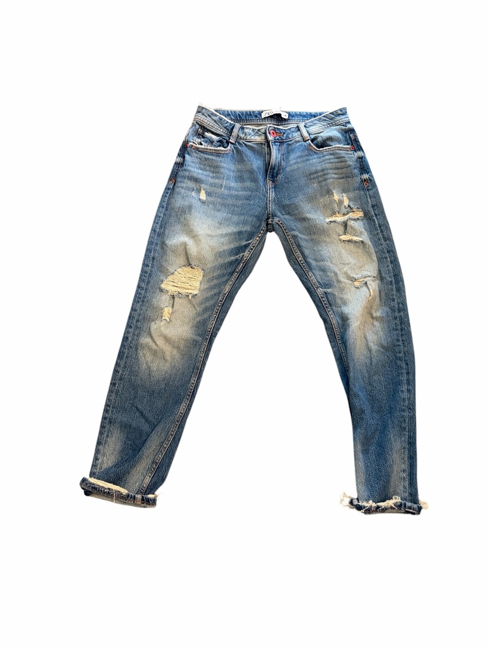 Zara Distressed Light Blue Slim Straight Jeans